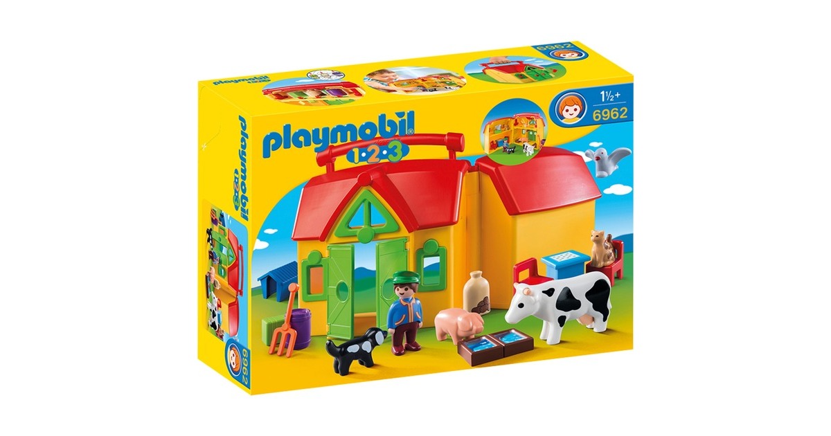 Playmobil 1 2 3 Ferme Transportable Avec Animaux Jouets De Construction 6962