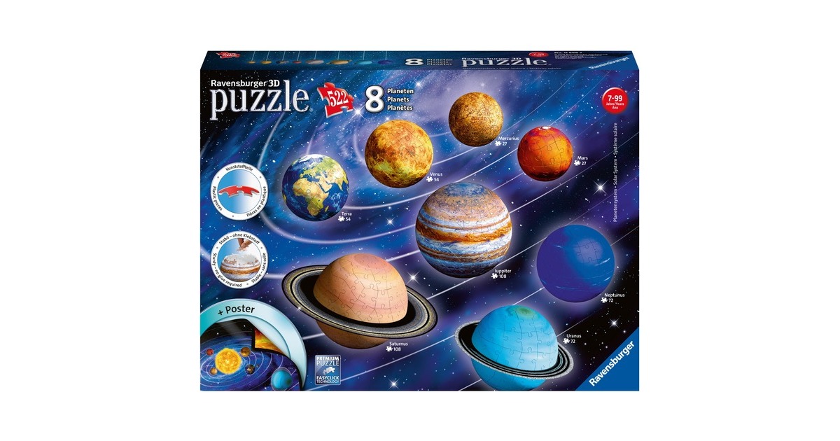 Puzzle 3D Système Solaire Ravensburger - 8 Planètes à Assembler Sans Colle - 522 Pièces