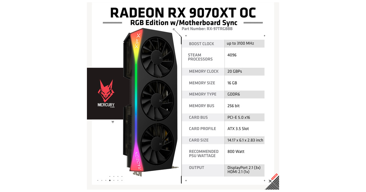 Xfx Radeon Rgb XFX Radeon RX 9070 XT OC Mercury RGB, Carte graphique Noir, RDNA4 ...