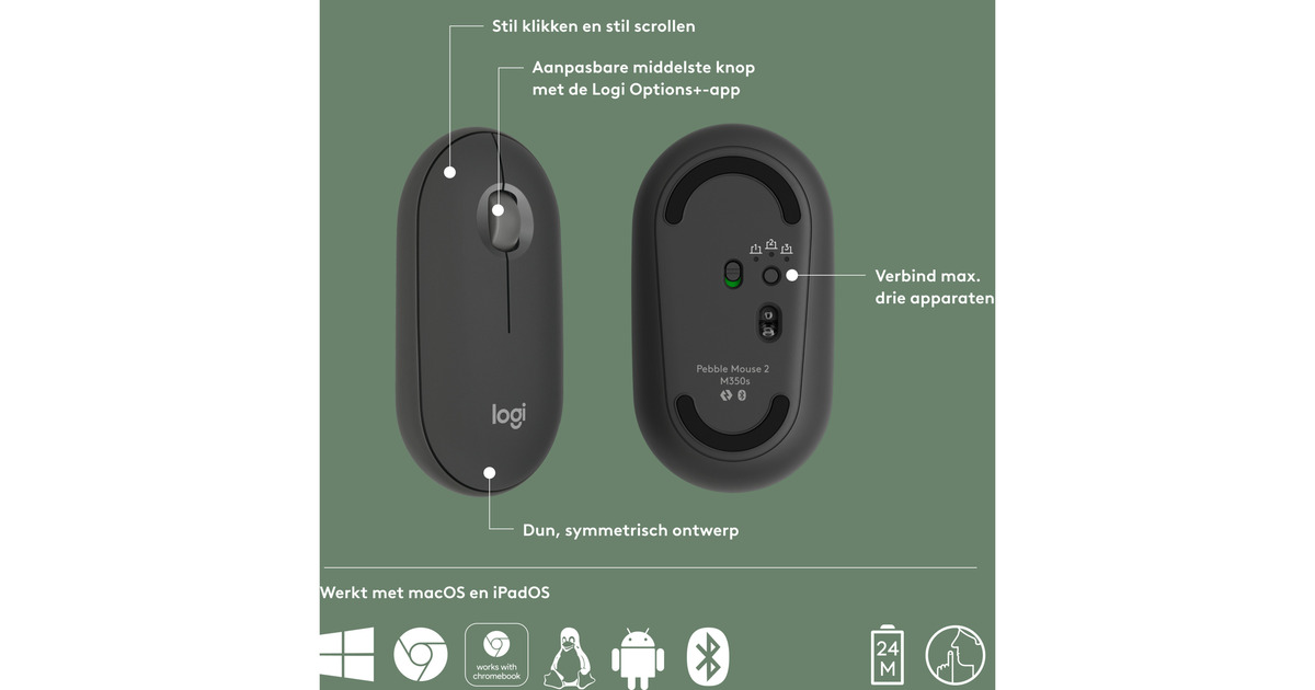 Souris Sans Fil Logitech Pebble 2 M350s - Bluetooth, Portable, Clics Discrets - Compatible Windows/macOS - Blanc