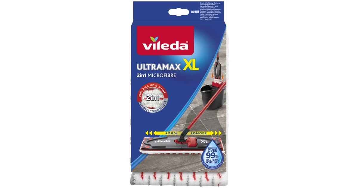 Housse De Rechange Pour Balai Vileda Turbo 2 En 1 - 4 Têtes Microfibre + Manche + Base + Brosse - Nettoyage Sec Et Humide