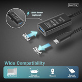 Digitus Câble de rallonge actif USB 3.2 Gen 1, connecteur USB-C > prise USB-A, Câble d'extension Noir