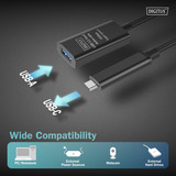 Digitus Câble de rallonge actif USB 3.2 Gen 2, connecteur USB-C > prise USB-A, Câble d'extension Noir