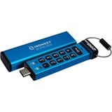 Kingston IronKey Keypad 200C USB-C de 256 Go, FIPS 140-3 niveau 3 (en attente) AES-256, Clé USB FIPS 140-3 niveau 3 (en attente) AES-256, 256 Go, USB Type-C, 3.2 Gen 1 (3.1 Gen 1), 280 Mo/s, Housse, Bleu