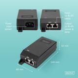 Digitus Injecteur Gigabit Ethernet PoE+, 802.3at 30 W, PoE-Injecteur Noir