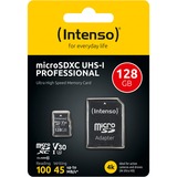 Intenso microSDXC 128GB Class 10 UHS-I Professional - Extended Capacity SD (MicroSDHC) 128 Go Classe 10, Carte mémoire Noir, 128 Go, MicroSDXC, Classe 10, UHS-I, 100 Mo/s, 45 Mo/s