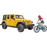 bruder Jeep Wrangler avec vélo tout-terrain et cycliste, Modèle réduit de voiture Jaune/Noir, 02543