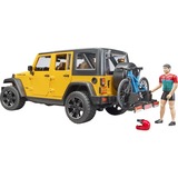 bruder Jeep Wrangler avec vélo tout-terrain et cycliste, Modèle réduit de voiture Jaune/Noir, 02543