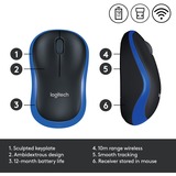 Logitech Wireless Mouse M185, Souris Bleu, Ambidextre, Optique, RF sans fil, 1000 DPI, Noir, Bleu, Vente au détail