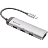 Verbatim Hub Multiports USB-C 4 ports USB 3.2 Gen 1, Hub USB Argent, USB 3.2 Gen 1 (3.1 Gen 1) Type-C, USB 3.2 Gen 1 (3.1 Gen 1) Type-A, 5000 Mbit/s, Gris, Aluminium, Plastique, 0,15 m