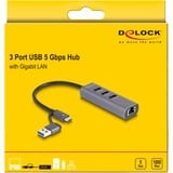 DeLOCK Hub USB 3 ports 5 Gbps + LAN Gigabit avec USB Type-C, Station d'accueil Gris