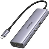 UGREEN USB-C to 2*USB3.0+HDMI+RJ 45+SD&TF+PD port Hub, Station d'accueil Argent