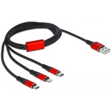 DeLOCK Câble de chargement USB 3-en-1 USB-A vers Lightning + 2x USB C Noir/Rouge