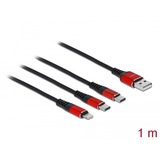 DeLOCK Câble de chargement USB 3-en-1 USB-A vers Lightning + 2x USB C Noir/Rouge