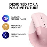 Logitech Lift souris Droitier RF sans fil + Bluetooth Optique 4000 DPI Rose, Droitier, Conception verticale, Optique, RF sans fil + Bluetooth, 4000 DPI, Rose