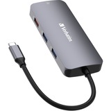 Verbatim CMH-09 USB Type-C 10000 Mbit/s Argent, Station d'accueil Gris, USB Type-C, HDMI, RJ-45, USB 3.2 Gen 1 (3.1 Gen 1) Type-A, USB 3.2 Gen 2 (3.1 Gen 2) Type-A, USB 3.2 Gen 2..., MicroSD (TransFlash), SD, 10000 Mbit/s, 60 Hz, Argent