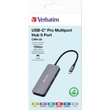 Verbatim CMH-09 USB Type-C 10000 Mbit/s Argent, Station d'accueil Gris, USB Type-C, HDMI, RJ-45, USB 3.2 Gen 1 (3.1 Gen 1) Type-A, USB 3.2 Gen 2 (3.1 Gen 2) Type-A, USB 3.2 Gen 2..., MicroSD (TransFlash), SD, 10000 Mbit/s, 60 Hz, Argent