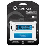 Kingston IronKey Keypad 200C USB-C de 16 Go, FIPS 140-3 niveau 3 (en attente) AES-256, Clé USB FIPS 140-3 niveau 3 (en attente) AES-256, 16 Go, USB Type-C, 3.2 Gen 1 (3.1 Gen 1), 145 Mo/s, Housse, Bleu