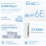 TP-Link Deco XE75 Tri-bande (2,4 GHz / 5 GHz / 6 GHz) Wi-Fi 6E (802.11ax) Blanc 3 Interne, Routeur maillé Blanc, Blanc, Interne, 510 m², Tri-bande (2,4 GHz / 5 GHz / 6 GHz), Wi-Fi 6E (802.11ax), 802.11a, 802.11b, 802.11g, Wi-Fi 4 (802.11n), Wi-Fi 5 (802.11ac), Wi-Fi 6 (802.11ax), Wi-Fi 6E...