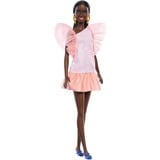 Barbie Fashionistas - Poupée avec jupe imprimé pêche-blanc, talons bleus et queue de cheval 