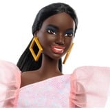 Barbie Fashionistas - Poupée avec jupe imprimé pêche-blanc, talons bleus et queue de cheval 