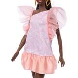 Barbie Fashionistas - Poupée avec jupe imprimé pêche-blanc, talons bleus et queue de cheval 