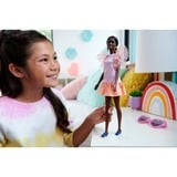 Barbie Fashionistas - Poupée avec jupe imprimé pêche-blanc, talons bleus et queue de cheval 