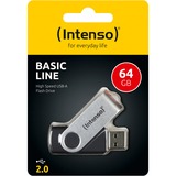 Intenso Basic Line lecteur USB flash 64 Go USB Type-A 2.0 Noir, Argent, Clé USB Argent/Noir, 64 Go, USB Type-A, 2.0, 28 Mo/s, Pivotant, Noir, Argent