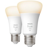 Philips Hue A60 - Ampoule connectée E27 - 800 (lot de 2), Lampe à LED Philips Hue White A60 - Ampoule connectée E27 - 800 (lot de 2), Ampoule intelligente, Blanc, Bluetooth/Zigbee, LED intégrée, E27, Blanc chaud