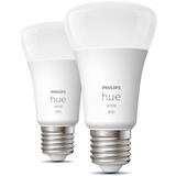Philips Hue A60 - Ampoule connectée E27 - 800 (lot de 2), Lampe à LED Philips Hue White A60 - Ampoule connectée E27 - 800 (lot de 2), Ampoule intelligente, Blanc, Bluetooth/Zigbee, LED intégrée, E27, Blanc chaud