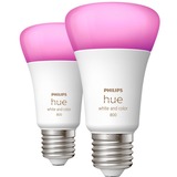 Philips Hue A60 - Ampoule connectée E27 - 800 (lot de 2), Lampe à LED Philips Hue White and Color ambiance A60 - Ampoule connectée E27 - 800 (lot de 2), Ampoule intelligente, Blanc, Bluetooth/Zigbee, LED, E27, 2000 K