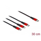 DeLOCK Câble de chargement USB 3-en-1 USB-C vers Lightning + Micro USB + USB-C Noir/Rouge, 0.3 m