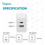 Digitus Chargeur USB 20W, 1x USB-C, 1x USB-A Blanc