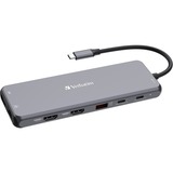 Verbatim CMH-13 USB Type-C 10000 Mbit/s Argent, Station d'accueil Gris, USB Type-C, 3ˌ5mm, DisplayPort, HDMI, RJ-45, USB 2.0, USB 3.2 Gen 1 (3.1 Gen 1) Type-A, USB 3.2 Gen 2 (3.1..., 10000 Mbit/s, 30 Hz, Argent, Acrylonitrile-Butadiène-Styrène (ABS), Aluminium