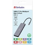Verbatim CMH-13 USB Type-C 10000 Mbit/s Argent, Station d'accueil Gris, USB Type-C, 3ˌ5mm, DisplayPort, HDMI, RJ-45, USB 2.0, USB 3.2 Gen 1 (3.1 Gen 1) Type-A, USB 3.2 Gen 2 (3.1..., 10000 Mbit/s, 30 Hz, Argent, Acrylonitrile-Butadiène-Styrène (ABS), Aluminium