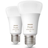 Philips Hue A60 - Ampoule connectée E27 - 1100 (pack de 2), Lampe à LED Philips Hue White and Color ambiance A60 - Ampoule connectée E27 - 1100 (pack de 2), Ampoule intelligente, Blanc, Bluetooth/Zigbee, LED, E27, 2000 K