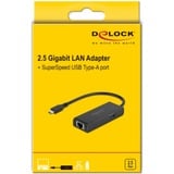 DeLOCK Adaptateur USB Type-C™ à 2,5 Gigabit LAN avec USB Type-A femelle Noir, 5 Gigabit LAN avec USB Type-A femelle, USB 3.2 Gen 1 (3.1 Gen 1) Type-C, RJ-45, 1000 Mbit/s, Noir, Activité, Liaison, 0,15 m