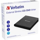 Verbatim External Slimline CD/DVD Writer lecteur de disques optiques DVD±RW Noir, Graveur DVD externe Noir, Noir, Plateau, horizontale, Ordinateur portable, DVD±RW, USB 2.0