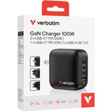 Verbatim Mini GaN Charger 100W Universel Noir Secteur Charge rapide Intérieure Noir, 3x USB-C, 1x USB-A, Intérieure, Secteur, Noir