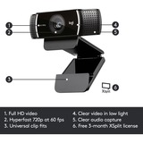 Logitech C922 Pro Stream Webcam Noir, 1920 x 1080 pixels, 60 ips, 1280x720@60fps,1920x1080@30fps, 720p,1080p, H.264, USB