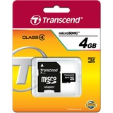 Transcend 4 GB microSDHC 4 Go Classe 4, Carte mémoire 4 Go, MicroSDHC, Classe 4, 4 Mo/s, Noir