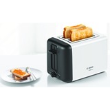 Bosch TAT3P421DE, Grille-pain Blanc/Noir, 2 part(s), Noir, Blanc, Acier inoxydable, Boutons, Niveau, Rotatif, CE, VDE, 970 W