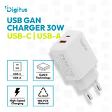 Digitus Chargeur USB GaN 30W, 1x USB-C, 1x USB-A Blanc, 1x USB-C, 1x USB-A