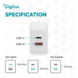Digitus Chargeur USB GaN 30W, 1x USB-C, 1x USB-A Blanc, 1x USB-C, 1x USB-A