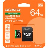 ADATA Speed Plus 64 Go MicroSDXC Classe 10, Carte mémoire 64 Go, MicroSDXC, Classe 10, 160 Mo/s, 140 Mo/s, Class 3 (U3)