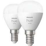 Philips Hue Pack de 2 sphérique E14, Lampe à LED Philips Hue White Pack de 2 sphérique E14, Ampoule intelligente, Blanc, Bluetooth/Zigbee, LED intégrée, E14, Lumière blanche douce