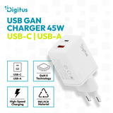 Digitus Chargeur USB GaN 45W, 1x USB-C, 1x USB-A Blanc, 1x USB-C, 1x USB-A