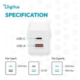 Digitus Chargeur USB GaN 45W, 1x USB-C, 1x USB-A Blanc, 1x USB-C, 1x USB-A