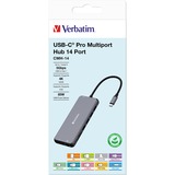 Verbatim CMH-14 USB Type-C 5000 Mbit/s Argent, Station d'accueil Gris, USB Type-C, HDMI, RJ-45, USB 2.0, USB 3.2 Gen 1 (3.1 Gen 1) Type-A, USB 3.2 Gen 1 (3.1 Gen 1) Type-C, USB..., MicroSD (TransFlash), SD, 5000 Mbit/s, 60 Hz, Argent