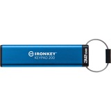Kingston IronKey Keypad 200 de 32 Go, FIPS 140-3 niveau 3 (en attente), chiffrement AES-256, Clé USB FIPS 140-3 niveau 3 (en attente), chiffrement AES-256, 32 Go, USB Type-A, 3.2 Gen 1 (3.1 Gen 1), 145 Mo/s, Housse, Bleu